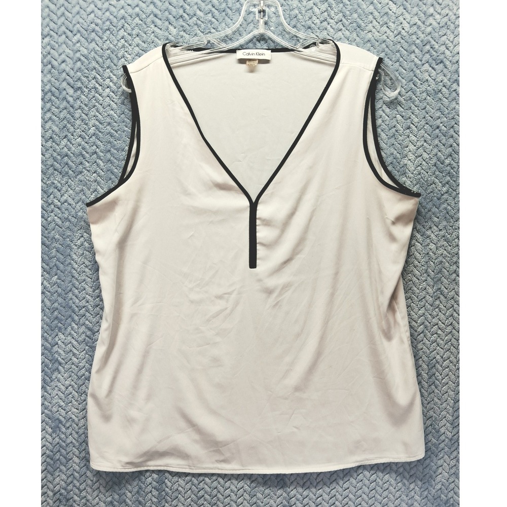 Calvin Klein Womens XL White Sleeveless V-Neck Blouse Black Trim Split Neck Top